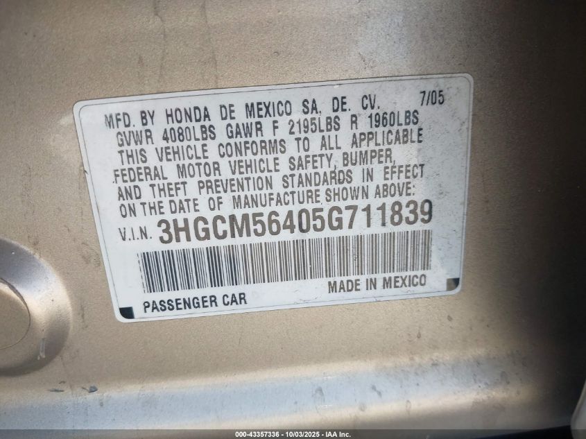 2005 Honda Accord 2.4 Lx VIN: 3HGCM56405G711839 Lot: 43357336