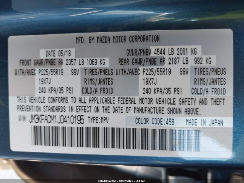 2018 Mazda Cx-5 Touring VIN: JM3KFACM1J0410195 Lot: 43357350