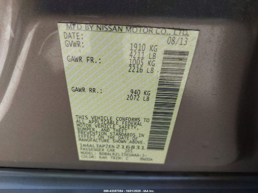 2014 Nissan Altima 2.5 S VIN: 1N4AL3AP2EN216831 Lot: 43357354