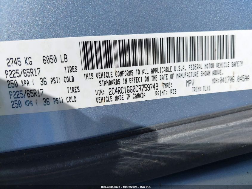 2013 Chrysler Town & Country Limited VIN: 2C4RC1GG0DR759749 Lot: 43357373