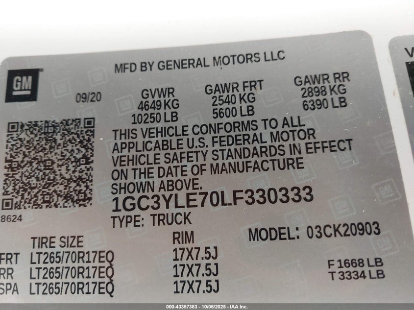 2020 Chevrolet Silverado 2500Hd 4Wd Long Bed Wt VIN: 1GC3YLE70LF330333 Lot: 43357383