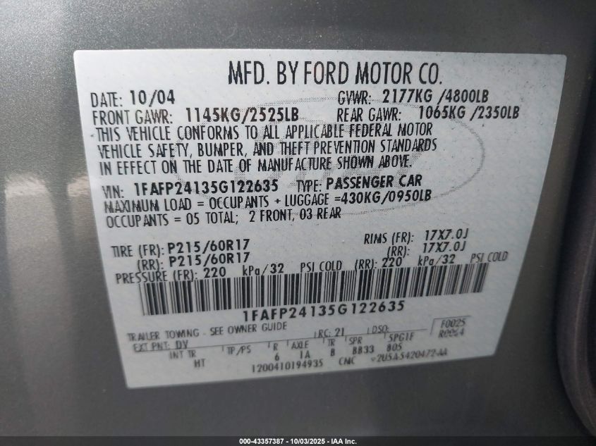 2005 Ford Five Hundred Sel VIN: 1FAFP24135G122635 Lot: 43357387