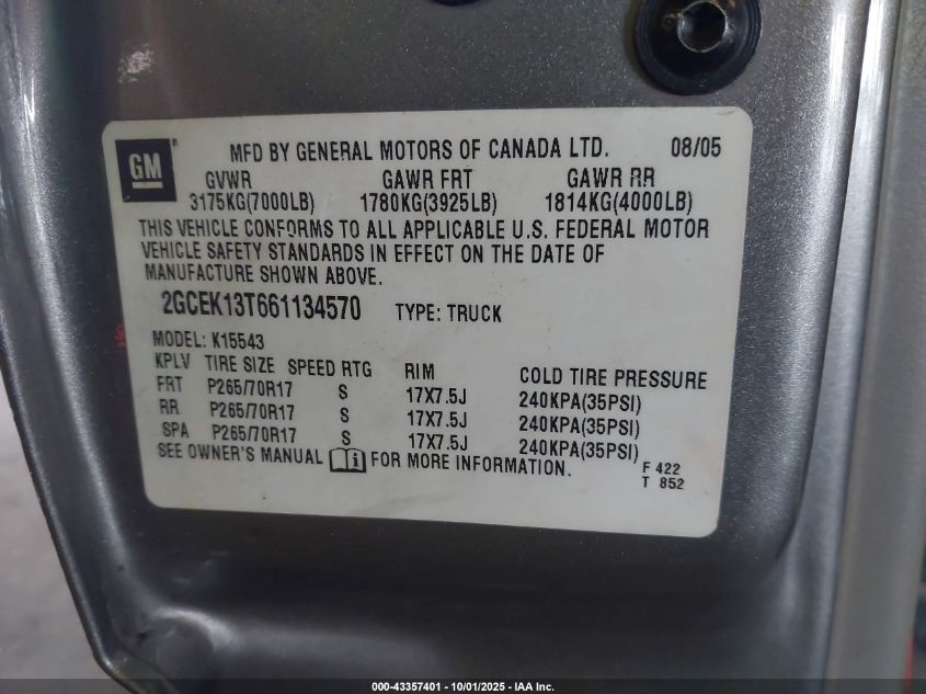 2006 Chevrolet Silverado 1500 Lt3 VIN: 2GCEK13T661134570 Lot: 43357401