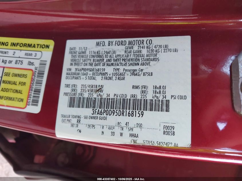 2013 Ford Fusion Titanium VIN: 3FA6P0D95DR168159 Lot: 43357402