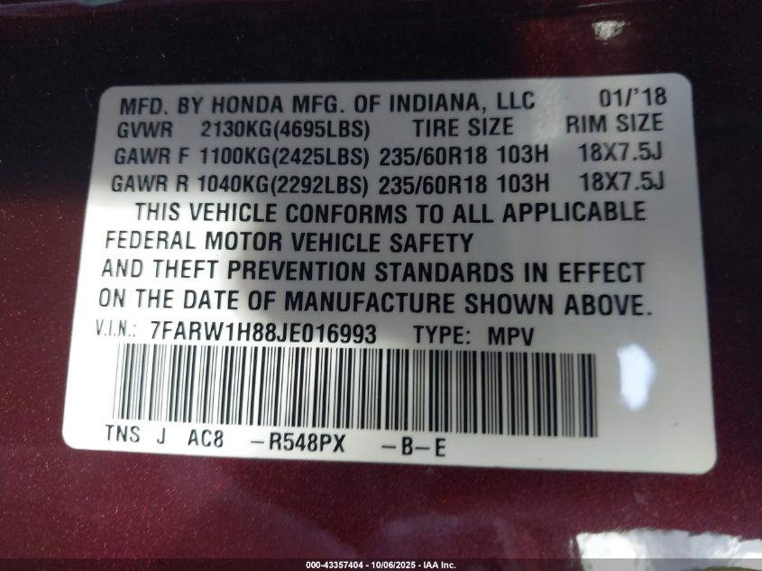 2018 Honda Cr-V Ex-L/Ex-L Navi VIN: 7FARW1H88JE016993 Lot: 43357404