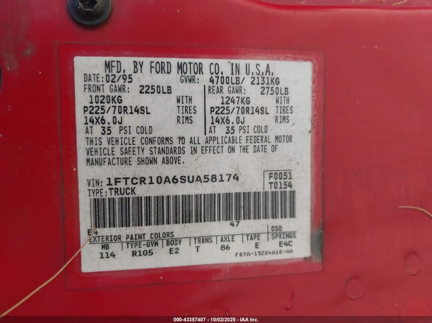 1995 Ford Ranger VIN: 1FTCR10A6SUA58174 Lot: 43357407