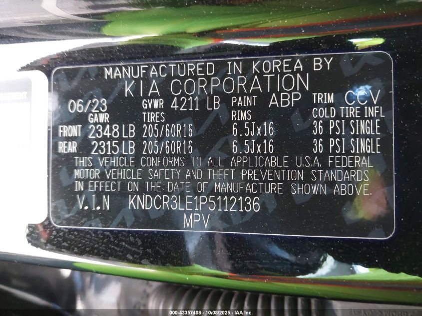 2023 Kia Niro Ex VIN: KNDCR3LE1P5112136 Lot: 43357408