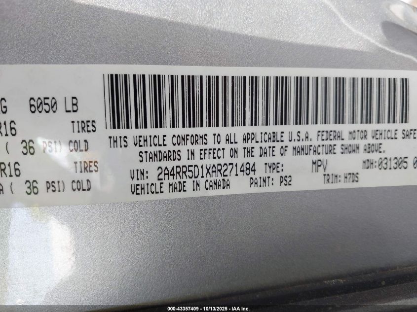 2010 Chrysler Town & Country Touring VIN: 2A4RR5D1XAR271484 Lot: 43357409