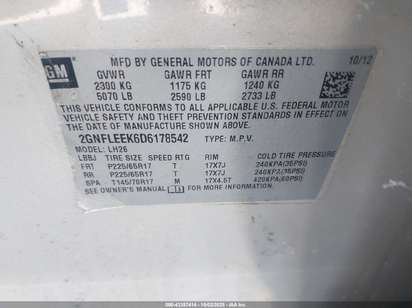 2013 Chevrolet Equinox 1Lt VIN: 2GNFLEEK6D6178542 Lot: 43357414