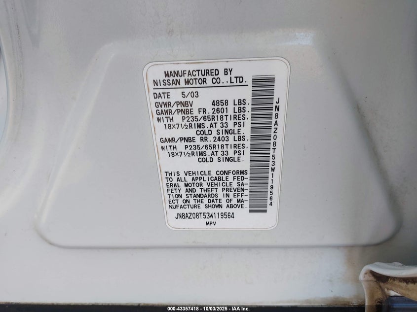 2003 Nissan Murano Se VIN: JN8AZ08T53W119564 Lot: 43357418