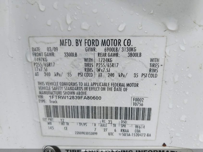 2009 Ford F-150 Xl/Xlt VIN: 1FTRW12839FA80600 Lot: 43357420