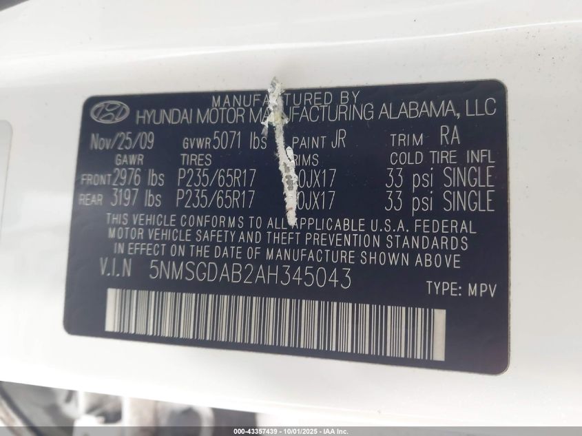 2010 Hyundai Santa Fe Gls VIN: 5NMSGDAB2AH345043 Lot: 43357439