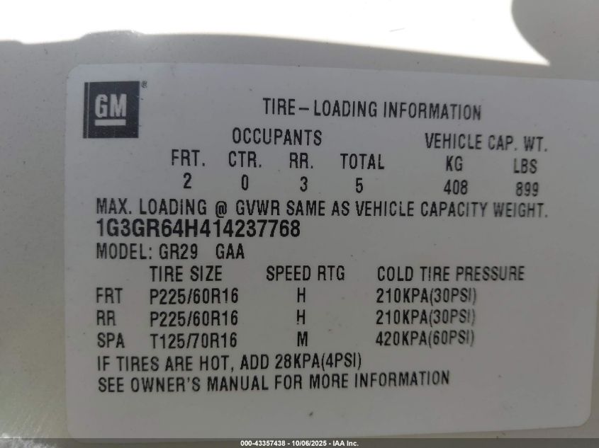 2001 Oldsmobile Aurora 3.5 VIN: 1G3GR64H414237768 Lot: 43357438