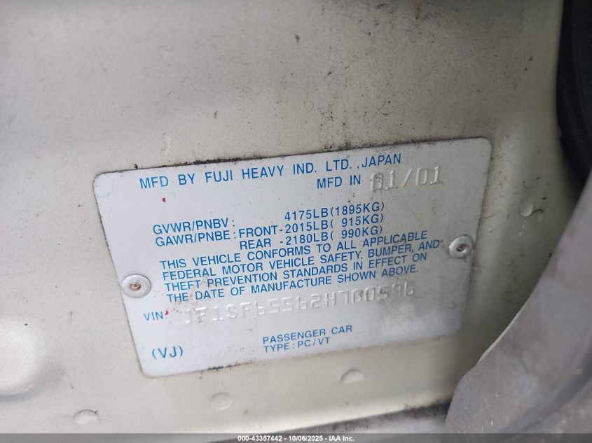 2002 Subaru Forester S VIN: JF1SF65562H700596 Lot: 43357442