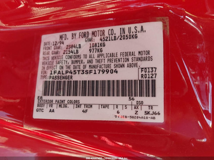 1995 Ford Mustang Gt/Gts VIN: 1FALP45T3SF179904 Lot: 43357452