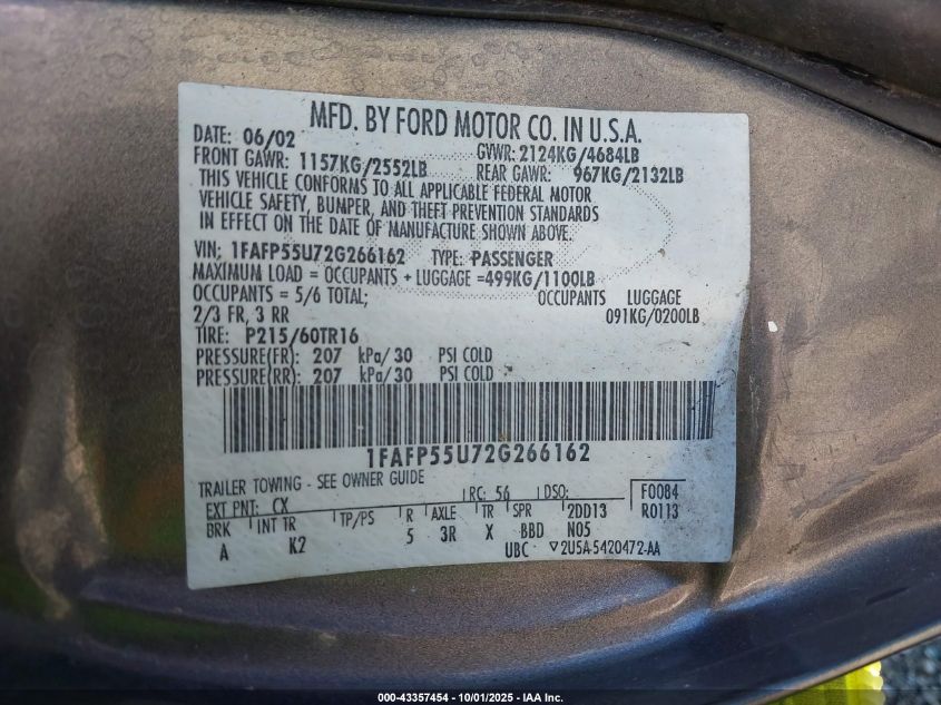 2002 Ford Taurus Ses VIN: 1FAFP55U72G266162 Lot: 43357454