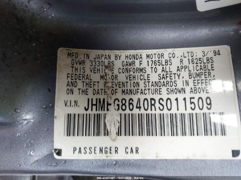 1994 Honda Civic Dx/Lx/Se VIN: JHMEG8640RS011509 Lot: 43357467