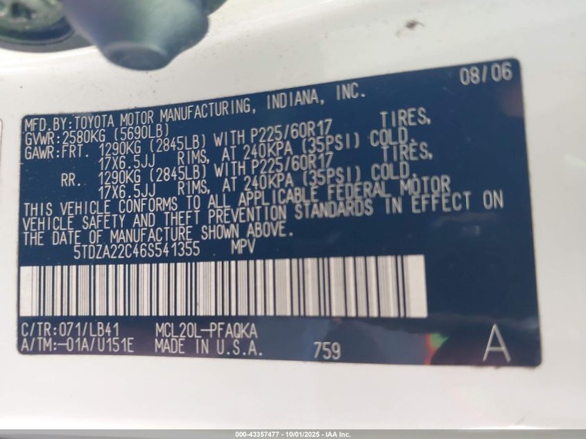 2006 Toyota Sienna Xle VIN: 5TDZA22C46S541355 Lot: 43357477