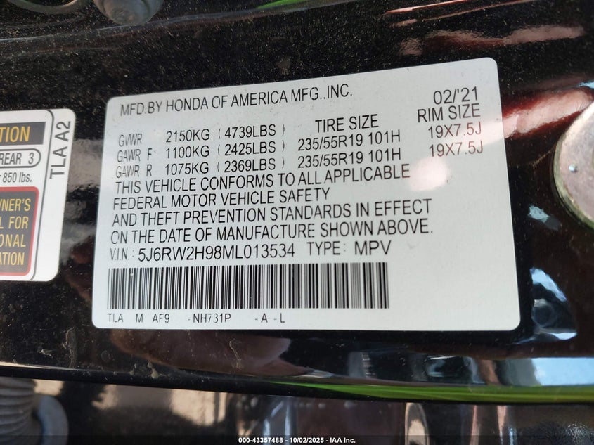 2021 HONDA CR-V AWD TOURING - 5J6RW2H98ML013534