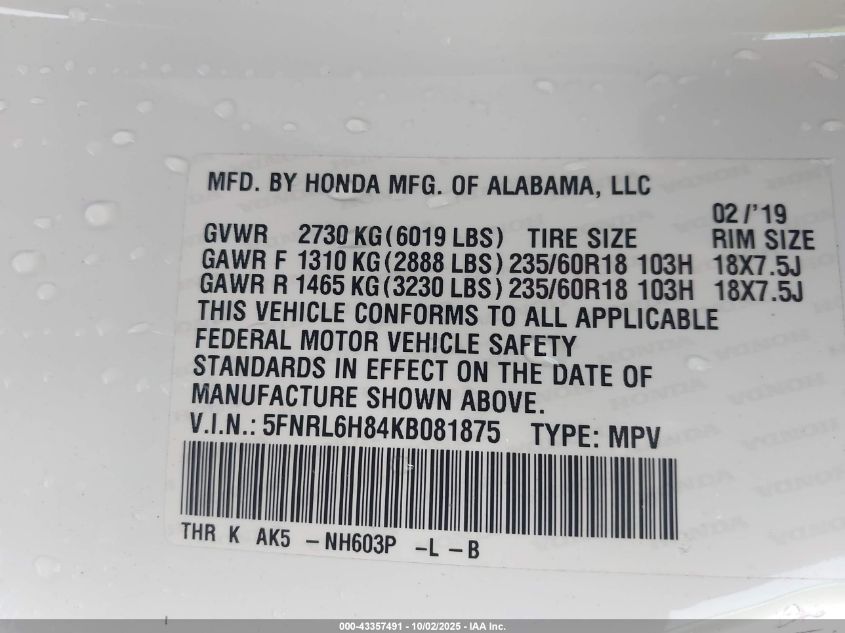 2019 Honda Odyssey Touring VIN: 5FNRL6H84KB081875 Lot: 43357491