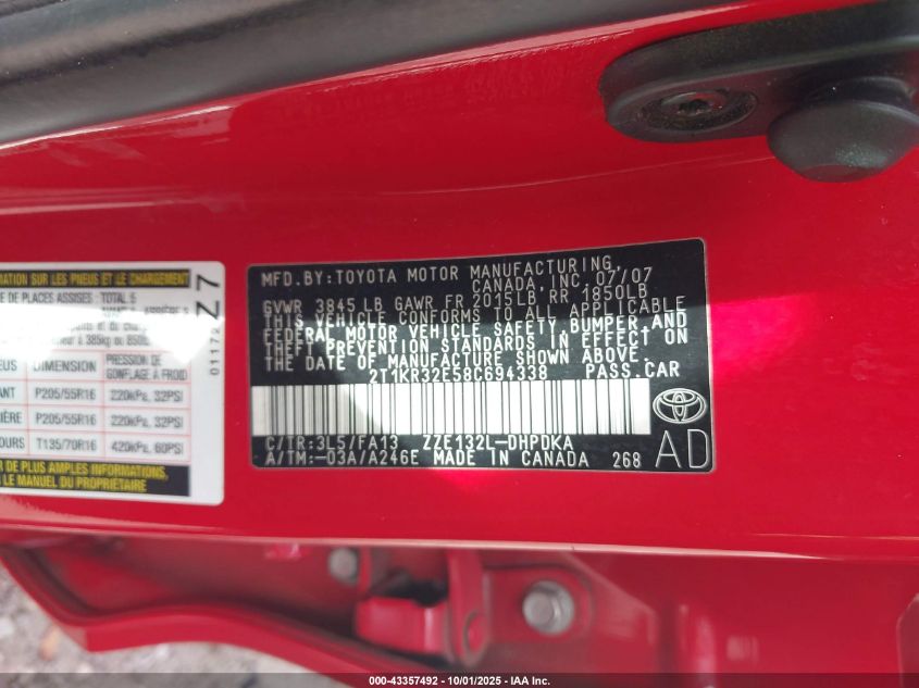 2008 Toyota Matrix VIN: 2T1KR32E58C694338 Lot: 43357492