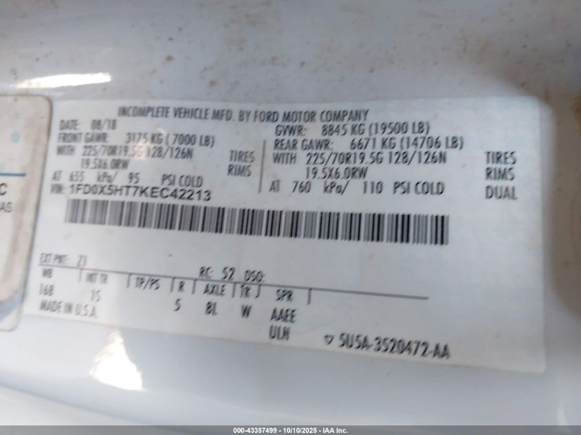 2019 Ford F-550 Chassis Xl VIN: 1FD0X5HT7KEC42213 Lot: 43357499