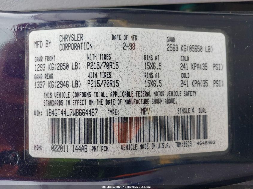 1998 Dodge Grand Caravan Se VIN: 1B4GT44L7WB664467 Lot: 43357502