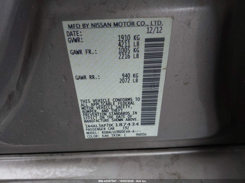 2013 Nissan Altima 2.5 Sv VIN: 1N4AL3AP7DC187434 Lot: 43357507