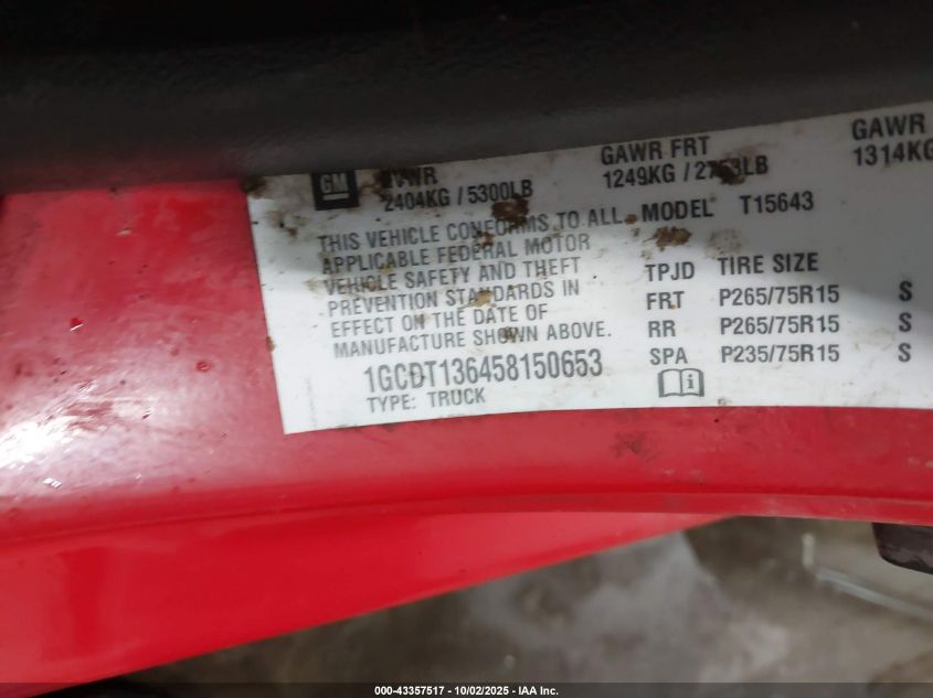 2005 Chevrolet Colorado Ls VIN: 1GCDT136458150653 Lot: 43357517