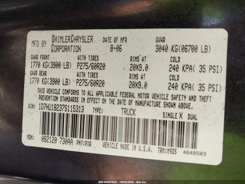 2007 Dodge Ram 1500 Slt/Trx4 Off Road/Sport VIN: 1D7HU18237S115313 Lot: 43357525