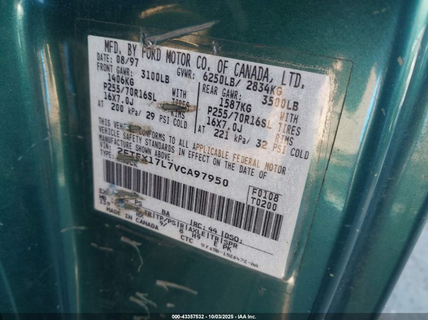 1997 Ford F-150 Lariat/Xl/Xlt VIN: 2FTEX17L7VCA97950 Lot: 43357532