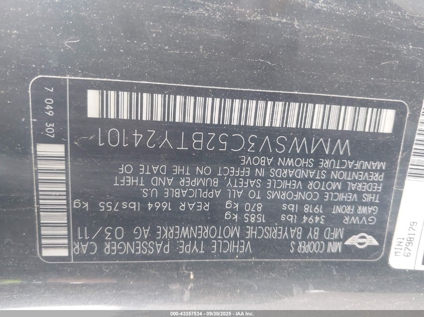 2011 Mini Cooper S VIN: WMWSV3C52BTY24101 Lot: 43357534