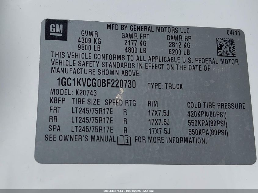 2011 Chevrolet Silverado 2500Hd Work Truck VIN: 1GC1KVCG0BF220730 Lot: 43357544