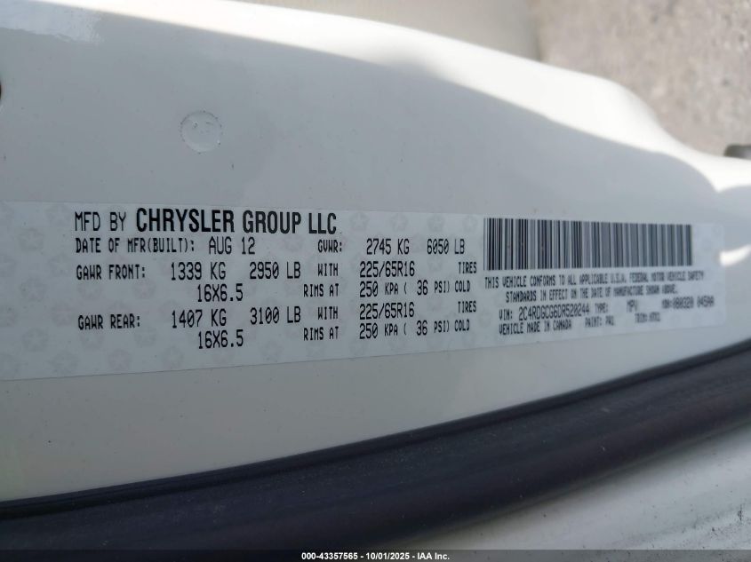 2013 Dodge Grand Caravan Sxt VIN: 2C4RDGCG6DR520244 Lot: 43357565