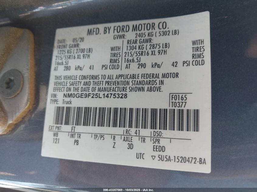 2020 Ford Transit Connect Xlt Passenger VIN: NM0GE9F25L1475328 Lot: 43357569