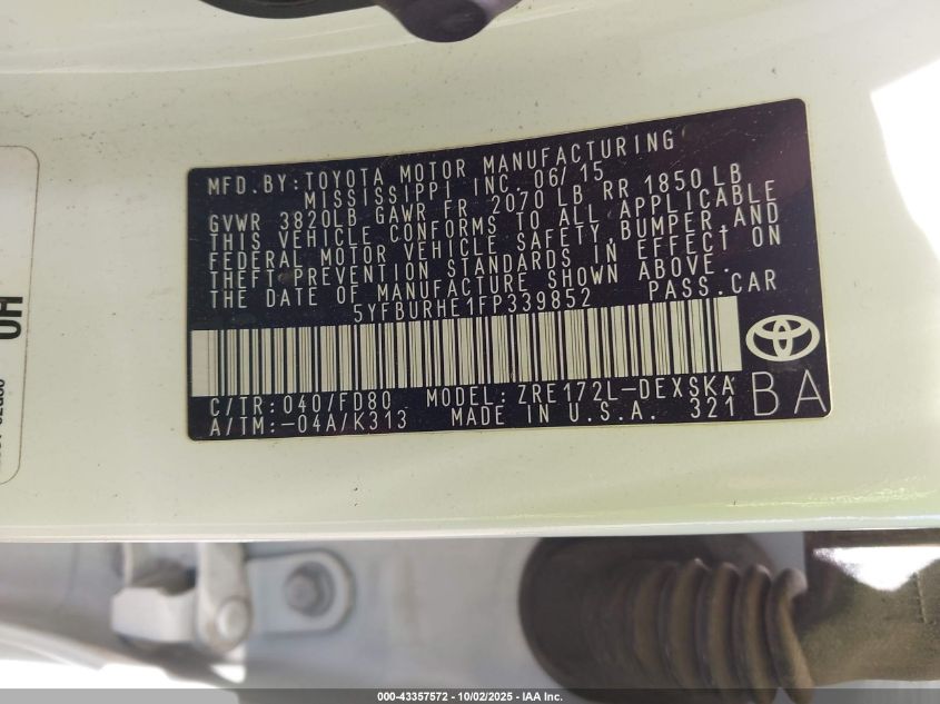 2015 Toyota Corolla S Plus VIN: 5YFBURHE1FP339852 Lot: 43357572