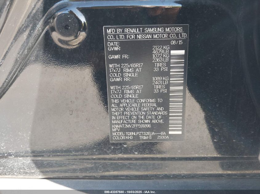 2015 Nissan Rogue S VIN: KNMAT2MV2FP591896 Lot: 43357580