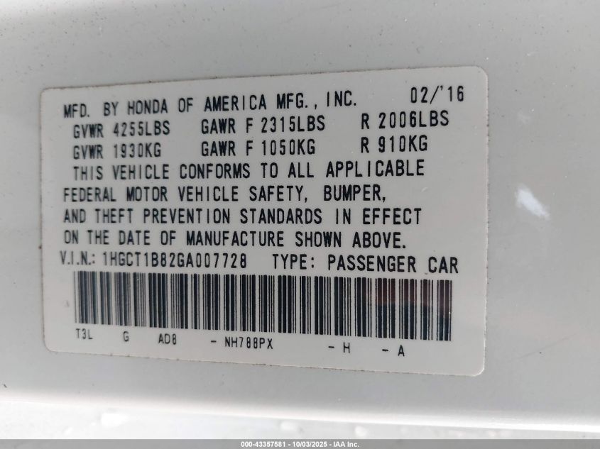 2016 Honda Accord Ex-L VIN: 1HGCT1B82GA007728 Lot: 43357581