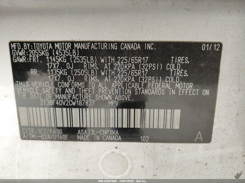 2012 Toyota Rav4 VIN: 2T3BF4DV2CW187827 Lot: 43357589