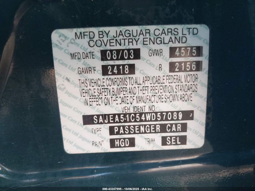 2004 Jaguar X-Type 3.0 VIN: SAJEA51C54WD57089 Lot: 43357595