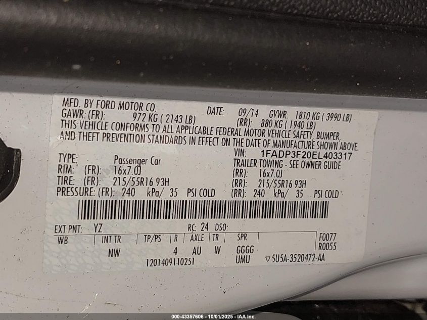 2014 Ford Focus Se VIN: 1FADP3F20EL403317 Lot: 43357606