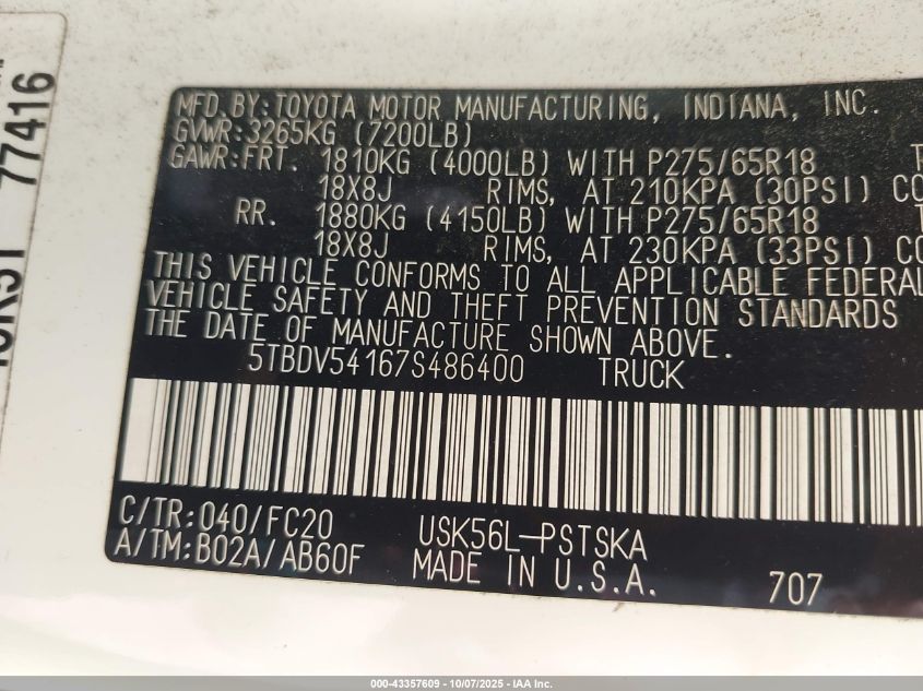 2007 Toyota Tundra Sr5 5.7L V8 VIN: 5TBDV54167S486400 Lot: 43357609