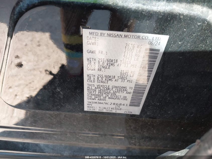 2024 Nissan Pathfinder Sv Fwd VIN: 5N1DR3BA7RC286841 Lot: 43357615