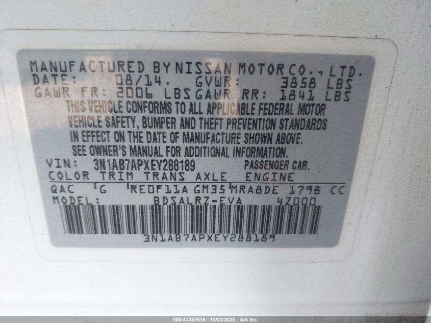 2014 Nissan Sentra Sr VIN: 3N1AB7APXEY288189 Lot: 43357616