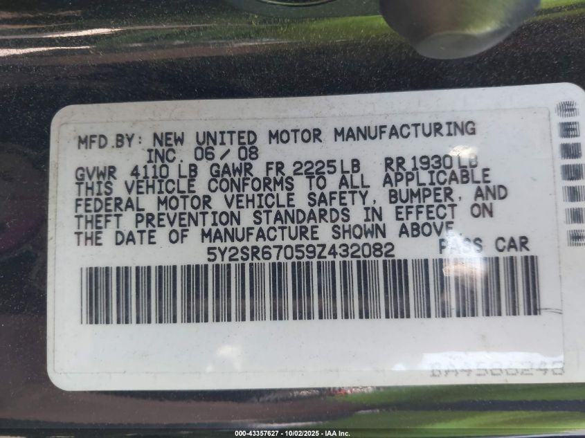 2009 Pontiac Vibe Gt VIN: 5Y2SR67059Z432082 Lot: 43357627