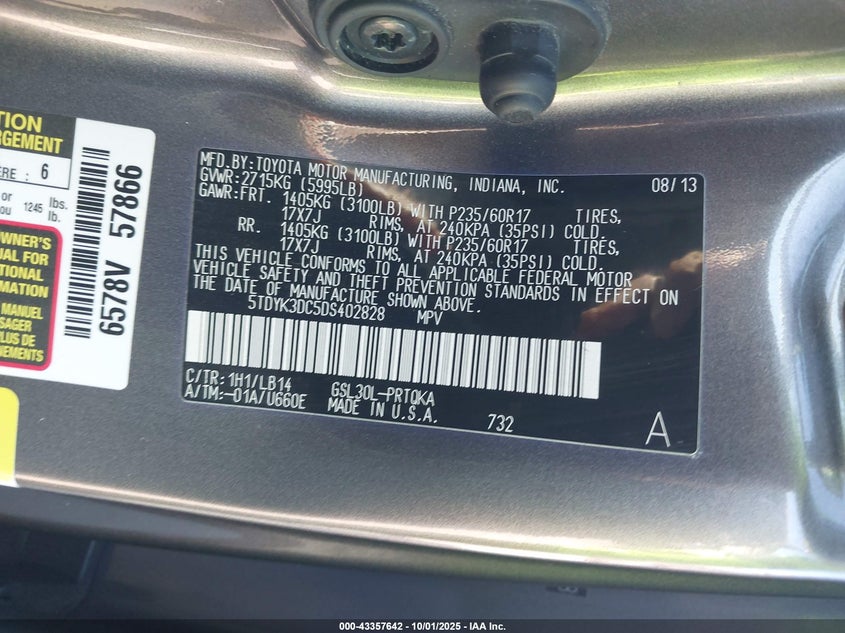 2013 TOYOTA SIENNA XLE/LIMITED 5TDYK3DC5DS402828