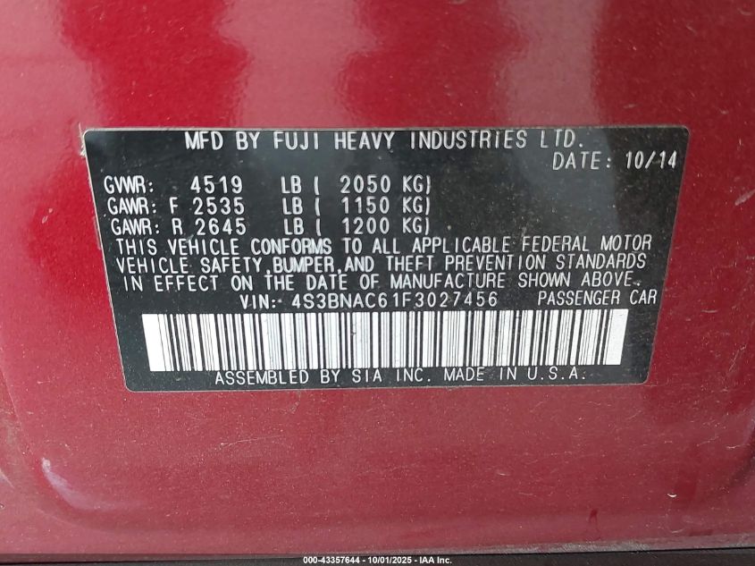 2015 Subaru Legacy 2.5I Premium VIN: 4S3BNAC61F3027456 Lot: 43357644