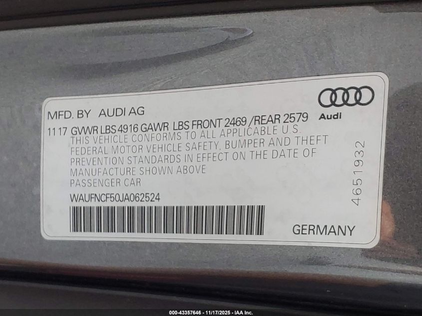 2018 Audi A5 2.0T Premium VIN: WAUFNCF50JA062524 Lot: 43357646