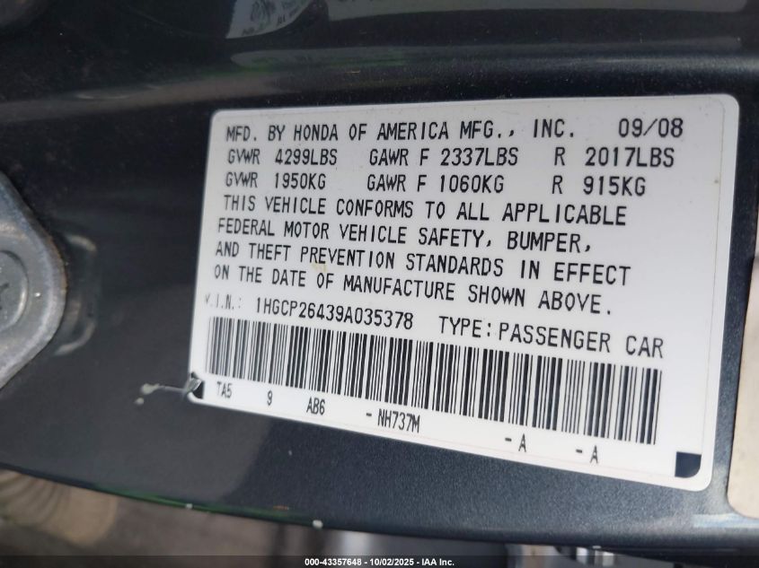 2009 Honda Accord 2.4 Lx-P VIN: 1HGCP26439A035378 Lot: 43357648