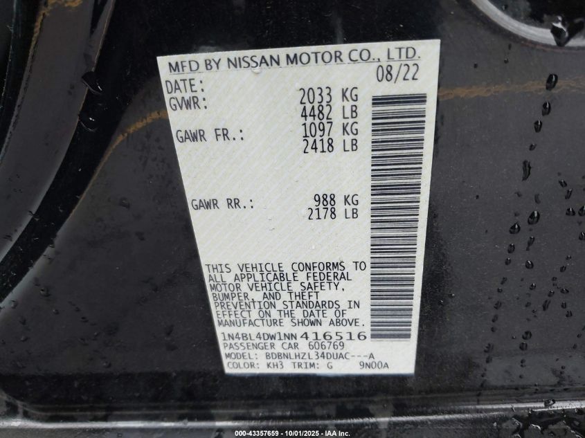 2022 Nissan Altima Sv Intelligent Awd VIN: 1N4BL4DW1NN416516 Lot: 43357659